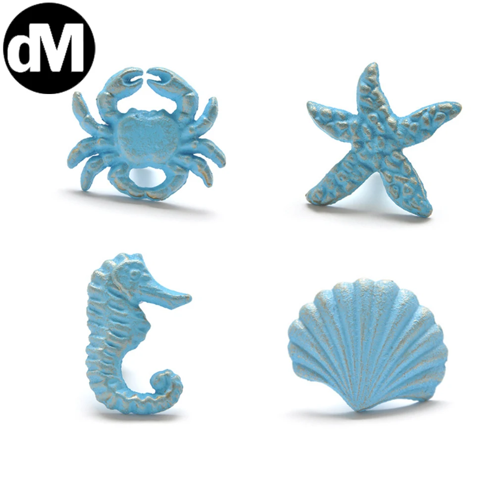 

DM 2pcs/Set Mediterranean Blue Vintage Iron Art Crab Starfish Shell Door Handle Cabinet Pulls Cloth Hook Ancient Clothes Hooking