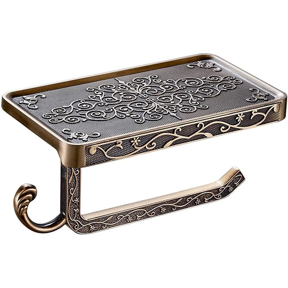 

Retro Carved Toilet Wall Mounted Space Aluminum Toilet Paper Holder Bathroom Kitchen Roll Paper Holder Mobile Phone Rack
