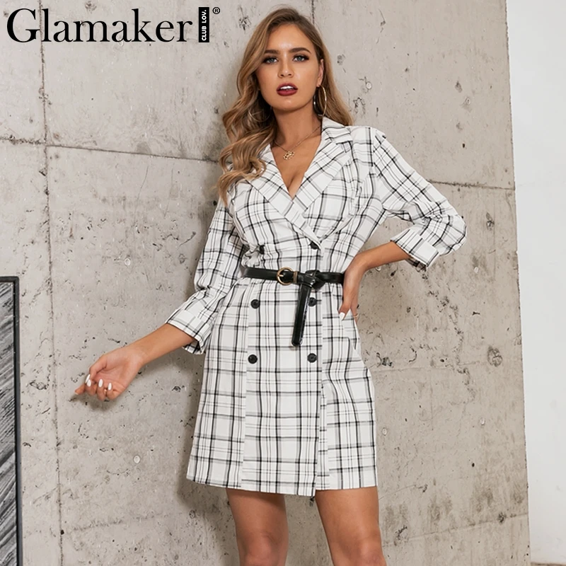 Glamaker, сексуальный клетчатый офисный блейзер с глубоким v-образным вырезом, Женский Осенний двубортный Тренч, элегантное модное зимнее длинное пальто, платье