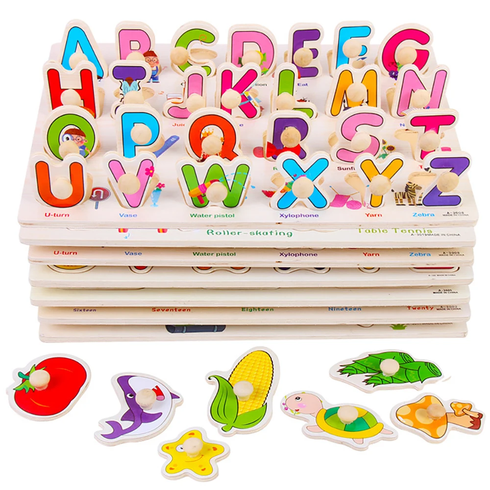 

Baby Learning Toy Montessori Hand Grab Board Preeducational Wooden Jigsaw Puzzles Blocks Cartoon Animals Vehicle Kids Puzzles