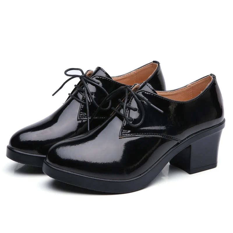 patent black Ngouxm/женские туфли-лодочки; Туфли на каблуке для работы; туфли-лодочки на шнуровке; женские офисные туфли на среднем каблуке с квадратным круглым носком - Цвет: patent black