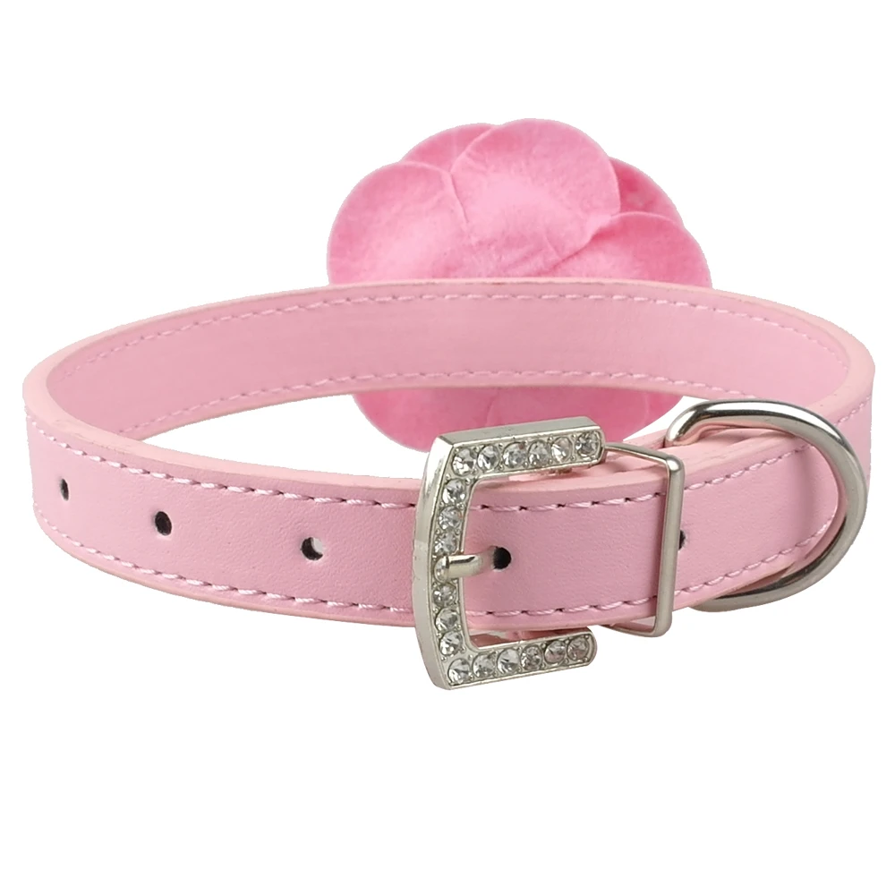 

PU Leather Dog Pet Collars Cute Necklace With Flower For Small Dogs Puppy Pink Red Purple Blue Rose Neck For 8-18"