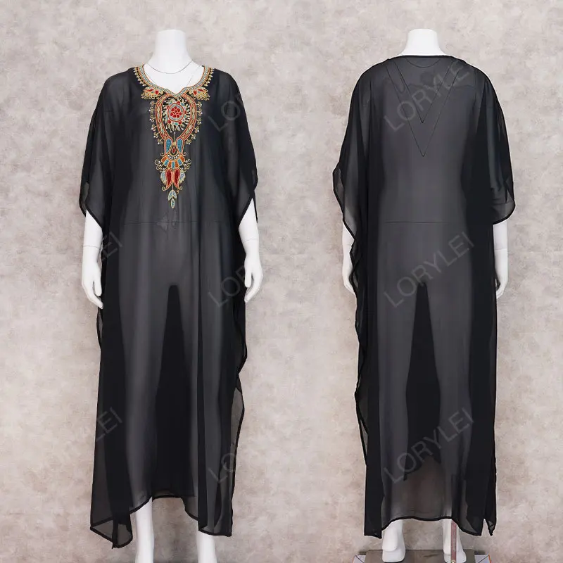 2020 Black Bohemian Embroidered V-neck Loose Summer Beach Dress Women Plus Size Beachwear Caftan Robe Indie Folk Maxi Q960 | Женская
