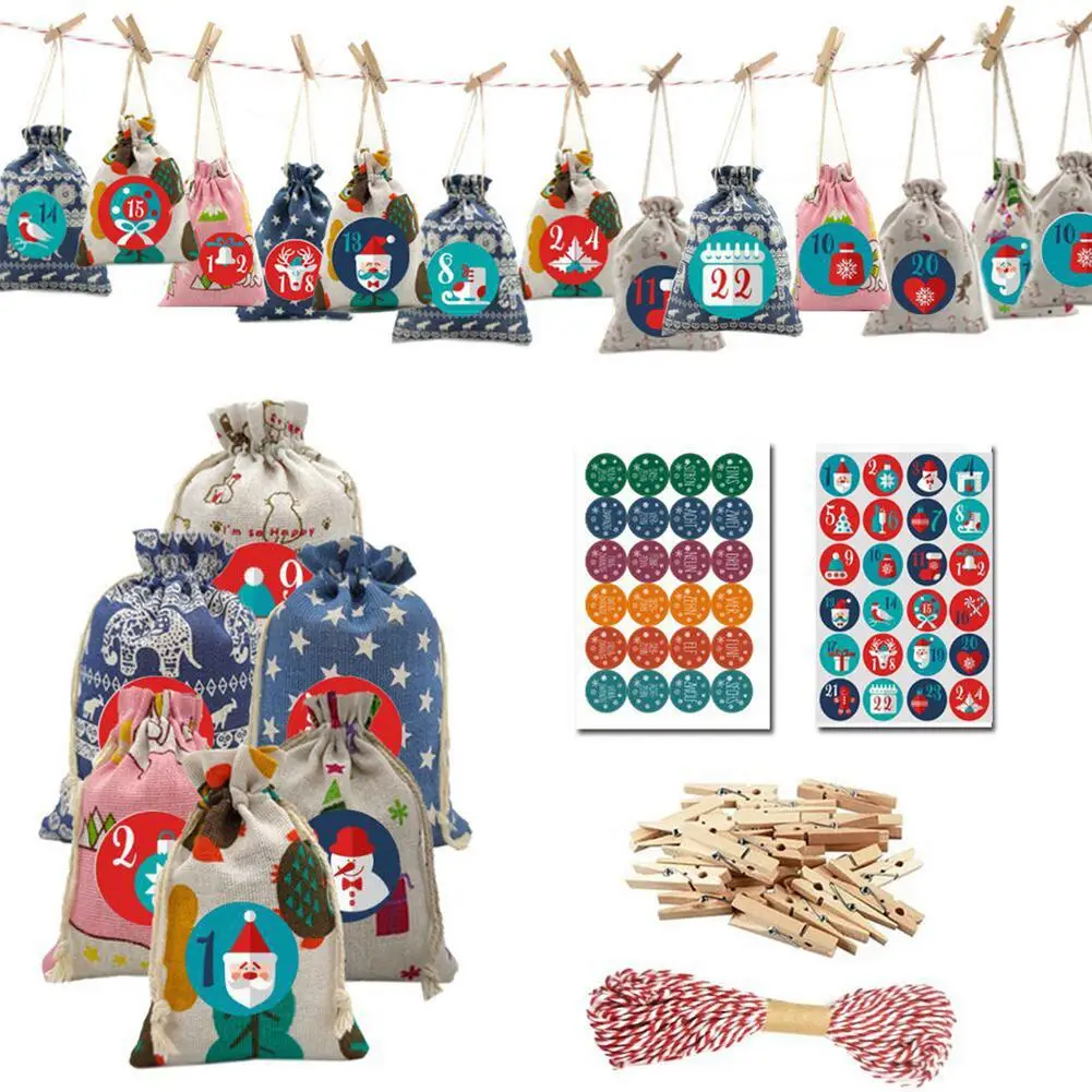 

24pcs Christmas Advent Calendar Bags DIY Drawstring Candy Gift Bag Countdown Hanging Advent Calendar Bag Xmas Tree Decoration