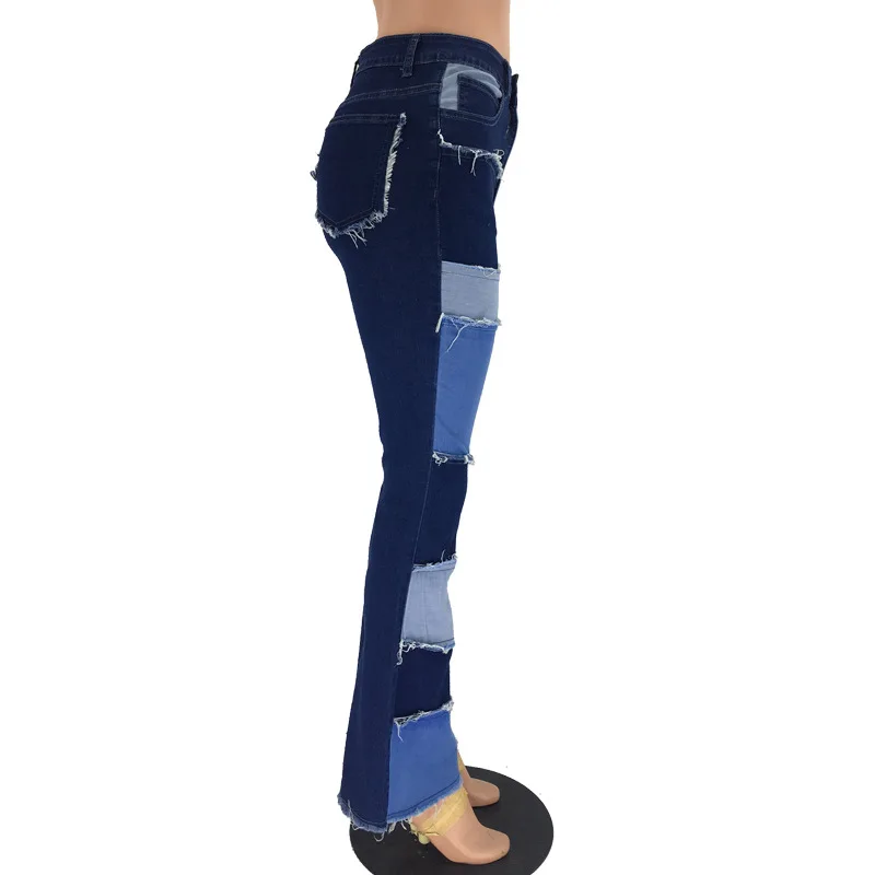 

Women Patchwork Jeans Autumn Fashion Zipper Pocket Spliced Distressed Jeans Casual High Waist Denim Trousers