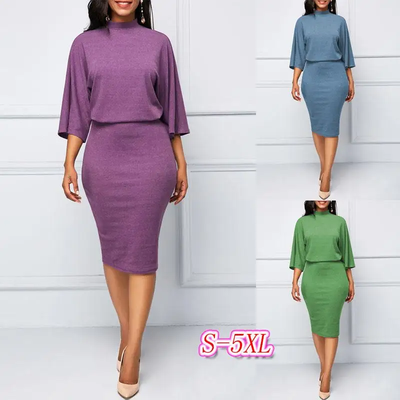 

5xl big size women dress solid color bodycon slim office work dress large size casual midi dress plus size spring summer dress