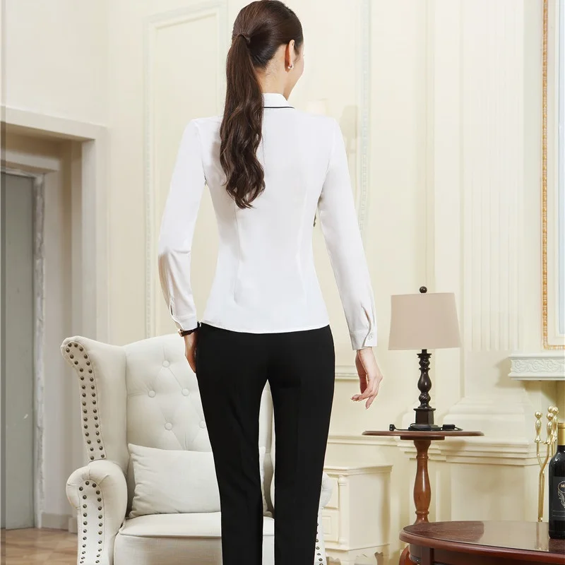 

Novelty White Autumn Winter Formal OL Styles Pantsuits With 2 Piece Blouses And Pants For Women Pants Suits Female Trousers Sets