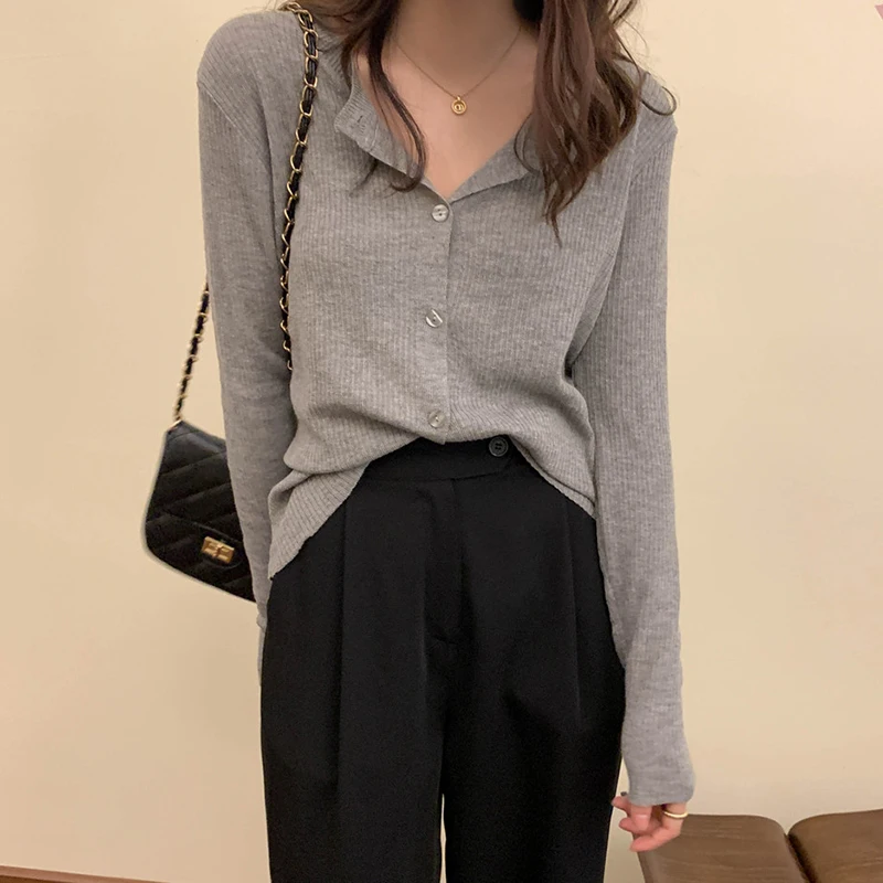 

LJSXLS Gray V-Neck Knitted Sweater Women's Spring Autumn Thin Top Femme Pullovers Clothes Long Sleeve Open Stitch Sweaters Women