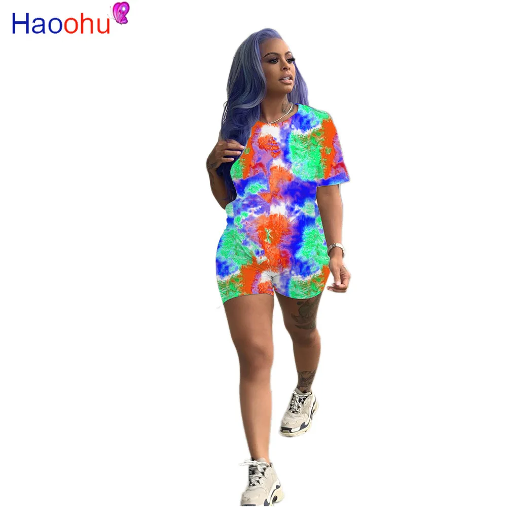 

HAOOHU Plus Size Two Piece Set Women Tracksuits Tie Dye Summer Clother Crop Top Biker Shorts Sweat Suits Matching Outfits Sets