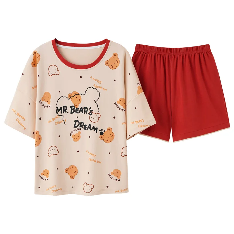 

2 Pieces Women Cotton Pajamas Sets Female Summer Cute Cartoon Short-sleeved Shorts Pijamas Suit Home Clothes Can Be Worn Outside