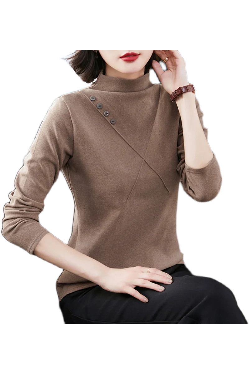 

Winter Women Long Sleeve T-shirt Versatile Double Side Velvet Warm Female Tshirt Solid Color Bottoming Shirt Turtleneck Tops