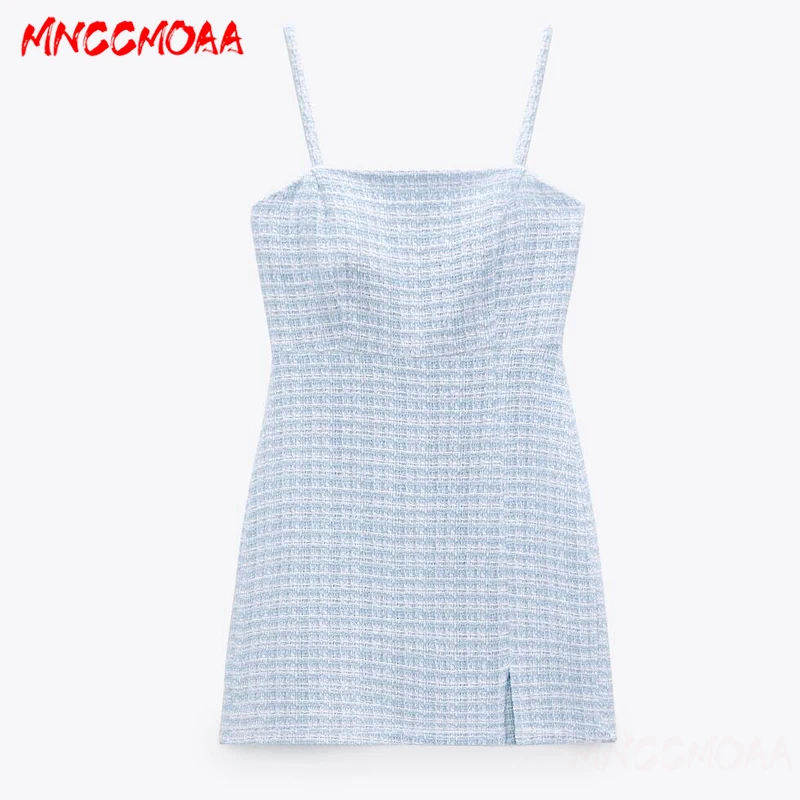 

New Summer Fashion Blue Sexy Backless Sling Tweed Mini Dress Women Vintage Plaid Zipper Bodycon Party Dresses Female Vestidos