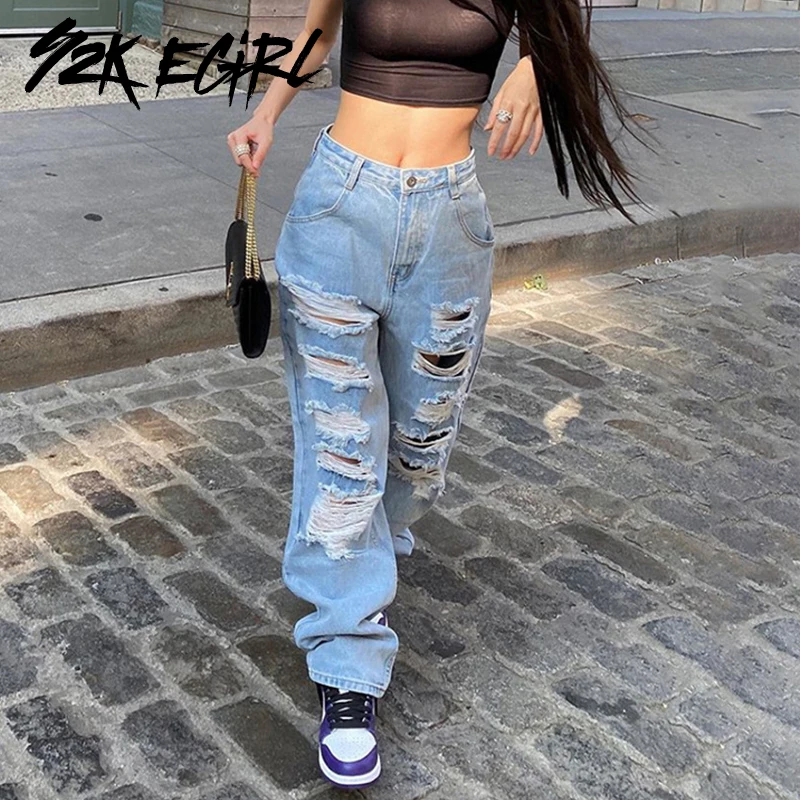 

Y2K EGIRL Fashion Loosed High Waist Ripped Jeans Hip Hop Distressed Blue Long Jeans With Hole 90s Punk Outfits Streetwear Autumn