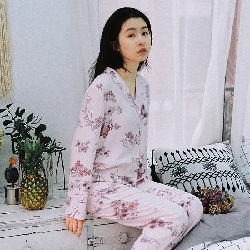 

Women's Long Sleeve Satin Pajamas Autumn Floral Printing Pijama Mujer Loungewear 2 Piece Women Wear Sleepwear Sexy Home Clothes