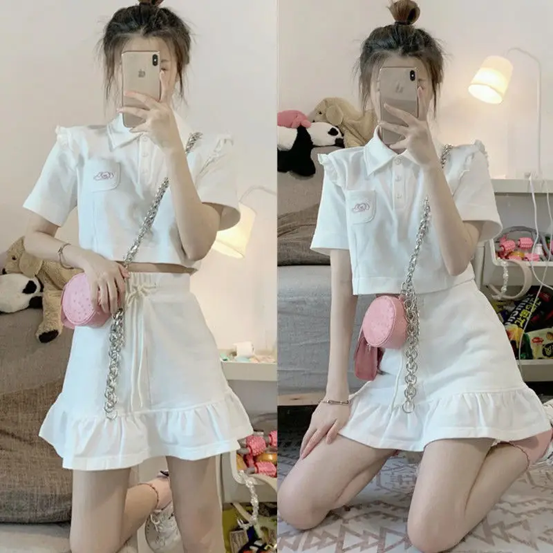 

Summer Suit Female Student Loose Short Short Sleeve Shirt Flounce Half Skirt Two-Piece Set