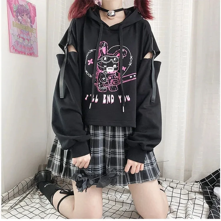 

Dark Lolita Lovely Cartoon Printed Hooded Sweatshirt 2021 Lady Jk Girl Hollow Out Sleeve Strap Black Hoodies Hipster Streetwear