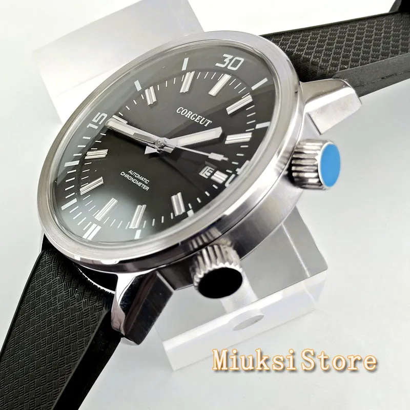 Мужские топовые брендовые Corgeut 45 мм с черным циферблатом резиновым ремешком и