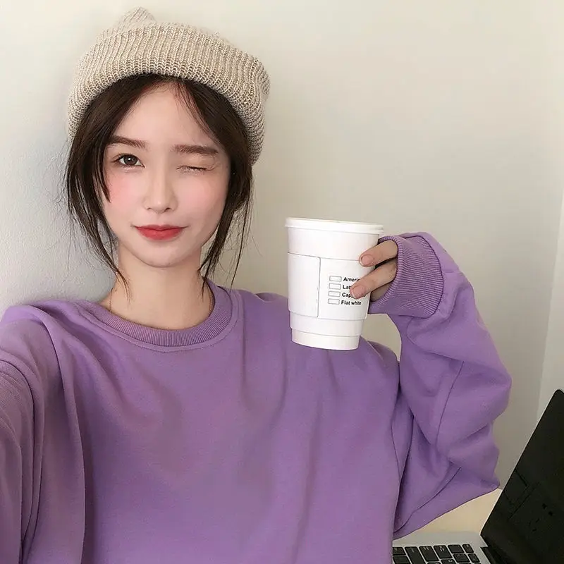 

Hoodies Women Spring Solid Simple Oversize Chic O-neck Sweatshirts Female Leisure All-match Ulzzang Students Fashion Loose Soft