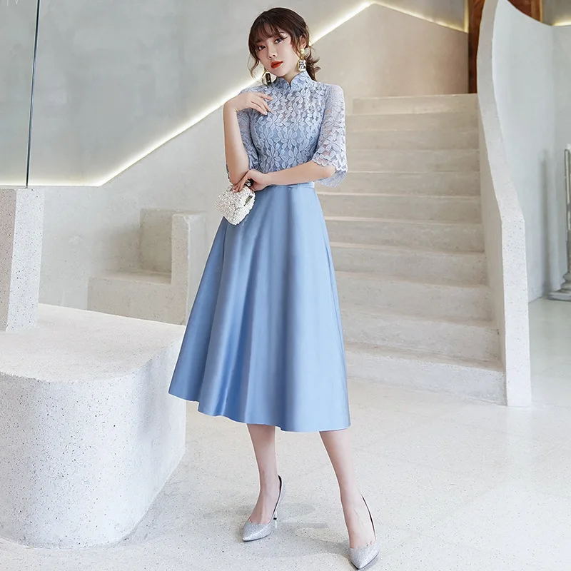 Женское ажурное платье-Ципао темно-синее элегантное банкетное платье средней