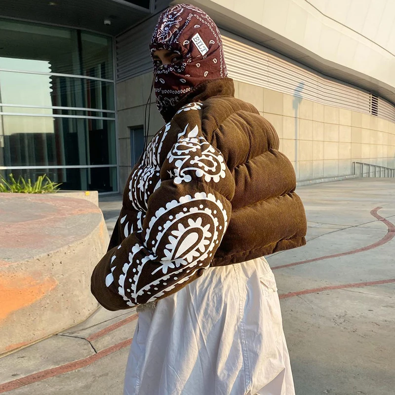 Dourbesty 2021 Women's Winter Jacket Corduroy Retro Print  Zipper Thickening Cotton Padded Warm Coat Femme Parka Streetwear