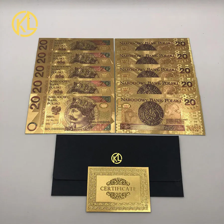 10 шт/партия 1994 Польша разработана 24K банкнота из золотой фольги 500 PLN для золота фольги банкноты золотого банкнота коллекции - Цвет: 20PLN