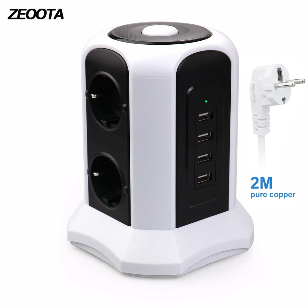 Tower power Strip Вертикальная Защита от перенапряжения 6 выходов ЕС розетка с usb-переключателем защита от перегрузки 2 м удлинитель