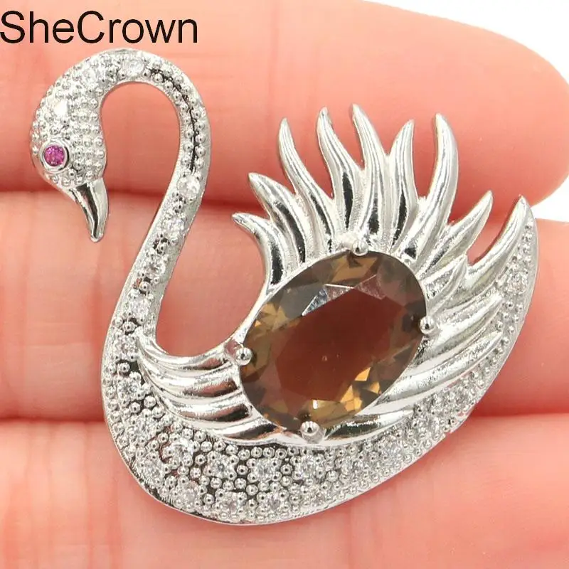 Классическая брошь в форме лебедя дымчатый топаз турмалин CZ 36x30 мм|Украшения для