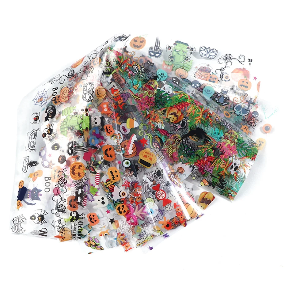 10 шт. переводная Фольга для Хэллоуина наклейка ногтей череп тыква кошка