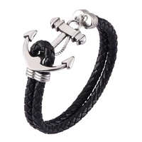 black leather bracelet men stainless steel anchor double layer bracelets bangles for men jewelry gifts pd0481