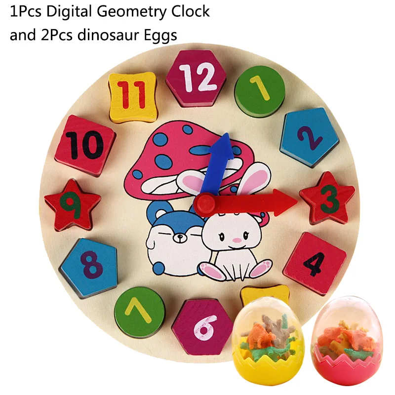 1clock 2eggs Мультяшные цифровые геометрические часы головоломки деревянные детские раннего образования развивающие игрушки в виде мини-динозавра яйцо LXX - Цвет: 1clock 2eggs