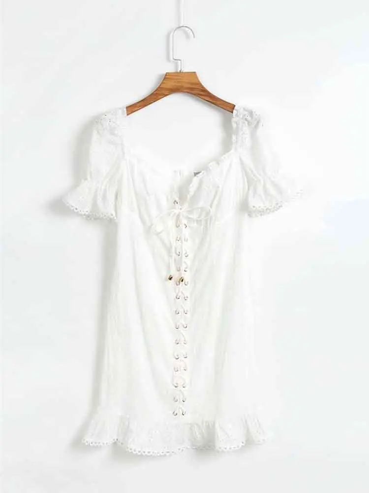 yinlinhe Hollow Out White Lace Dress Women Short Sleeve Up Sexy Bodycon Summer Backless Cotton Party Vestidos 1268 | Женская одежда