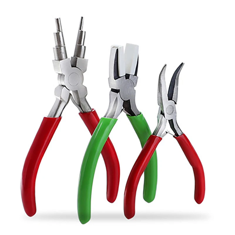 

New Mini Jewelry Pliers Diy Hand Tools Equipments Carbon Steel Nylon Curved Nose Use To 3mm-10mm Ring Make Red And Green Handle
