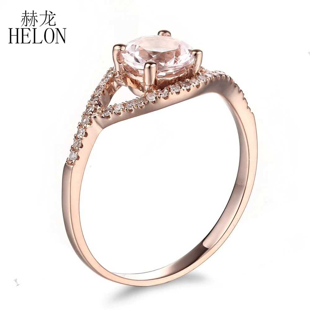 

HELON Solid 10K Rose Gold Round 6.5mm Genuine Morganite & Diamonds Engagement Wedding Ring Women Birthday Anniversarry Best Gift