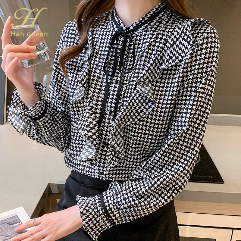 

Женская шифоновая блузка H Han Queen, офисная блузка с длинным рукавом и оборками, Повседневная рубашка в Корейском стиле