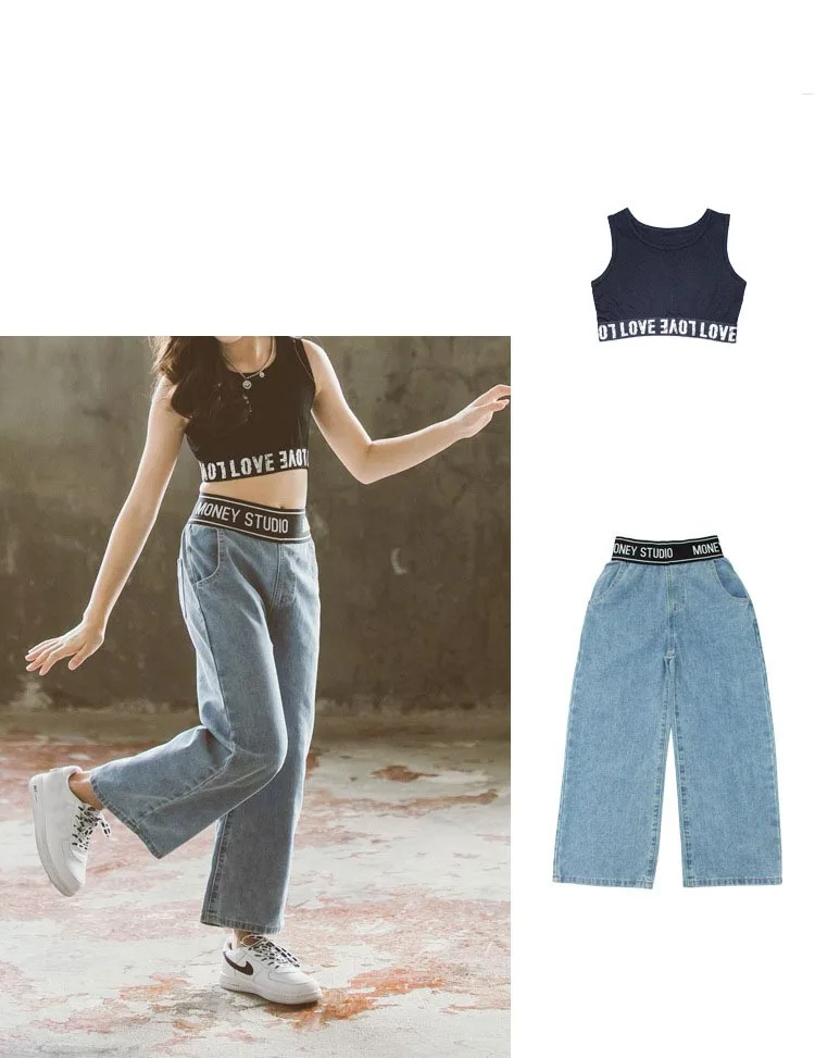 

Kids Girls Summer Fashion Casual Outfit Clothes Styish Streetwear Solid Color Short Vest Top and Printed Letters Jeans Set