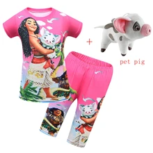 Kids Moana Pajamas for Girls Summer Short Sleeve Vaiana Costume Children Party Clothing with Pet Pig Casual Loose Clothes Sets