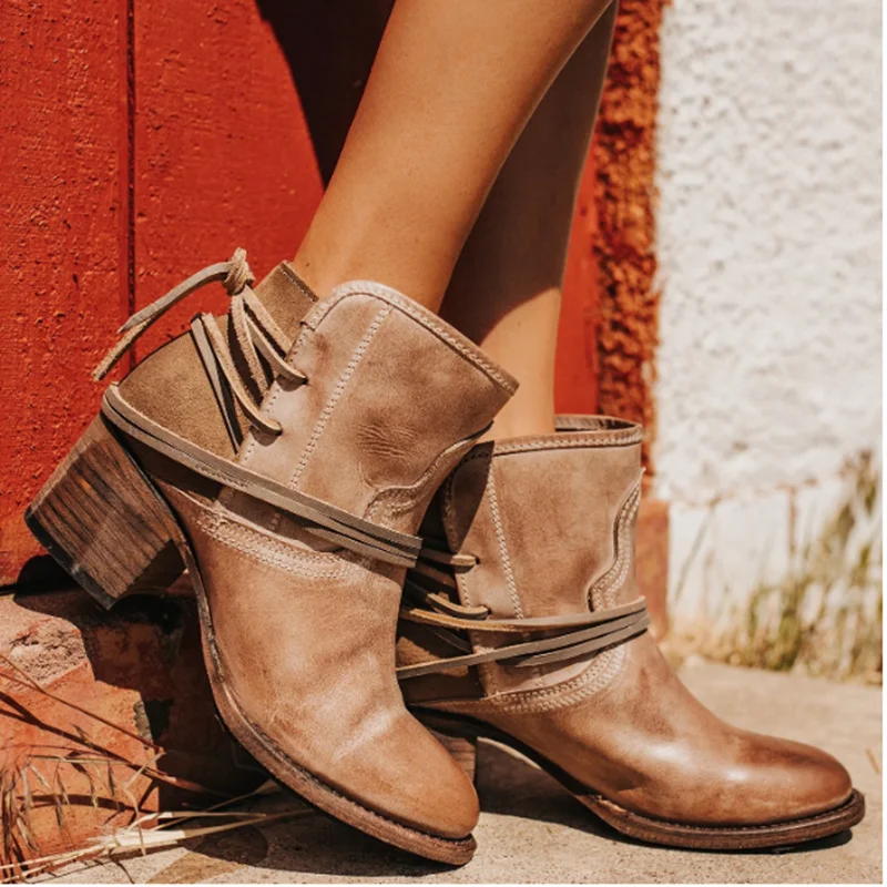 

2020 Winter Women Ankle Boots PU Leather Wipe Color High Heel Lace Up Rubber Round Toe Black Platform Ladies Shoes