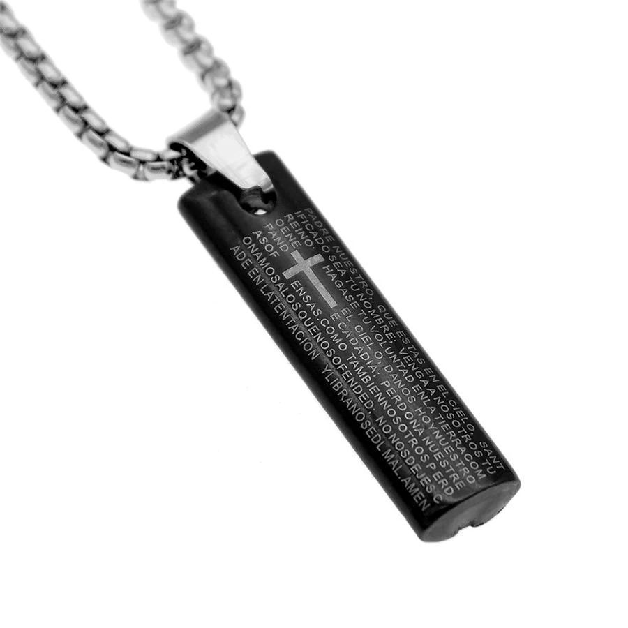 

Spanish Lord's Prayer Men Cross Necklace Women Cylindrical Titanium Steel Bible Text Pendants Jewelry Sweater Chain Gift