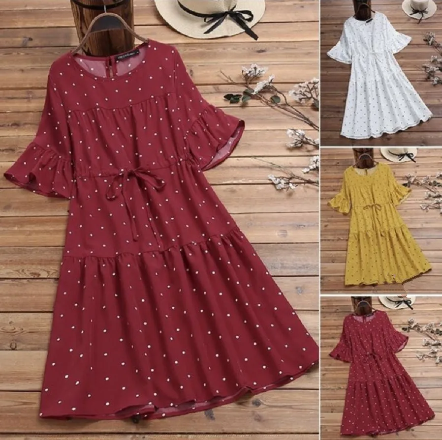 

Women's round neck puff sleeves solid color with polka dots belt cotton and linen casual comfortable loose skirt