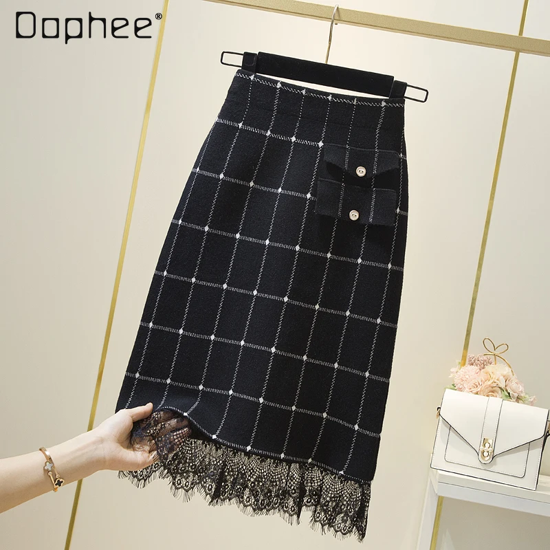 

Женская кружевная вязаная длинная юбка, Элегантная черная клетчатая трапециевидная шерстяная юбка средней длины с высокой талией, Осень-зи...