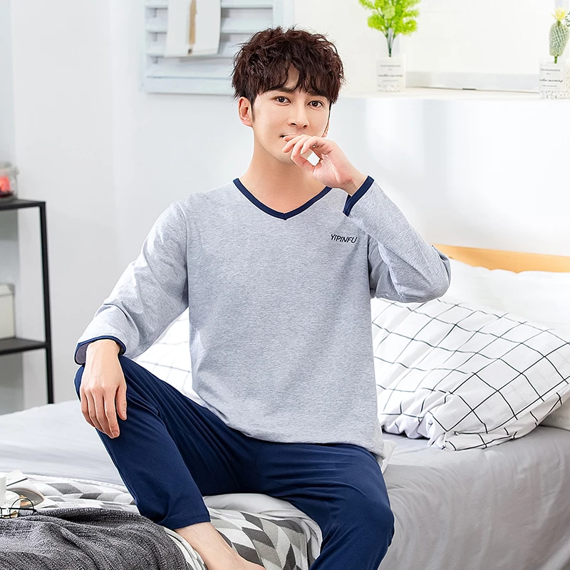 Осенне-зимние мужские хлопковые пижамы с буквенным принтом полосатые Мультяшные