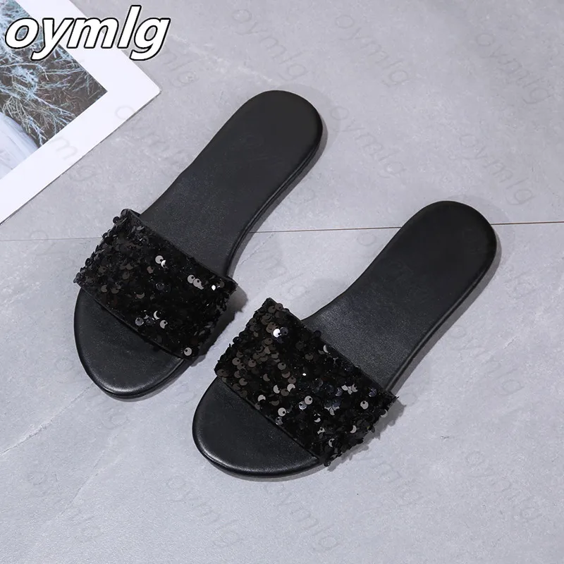

2021 women's summer new style sequined low-heel outer wear fashionable women slippers Sandals slippers
