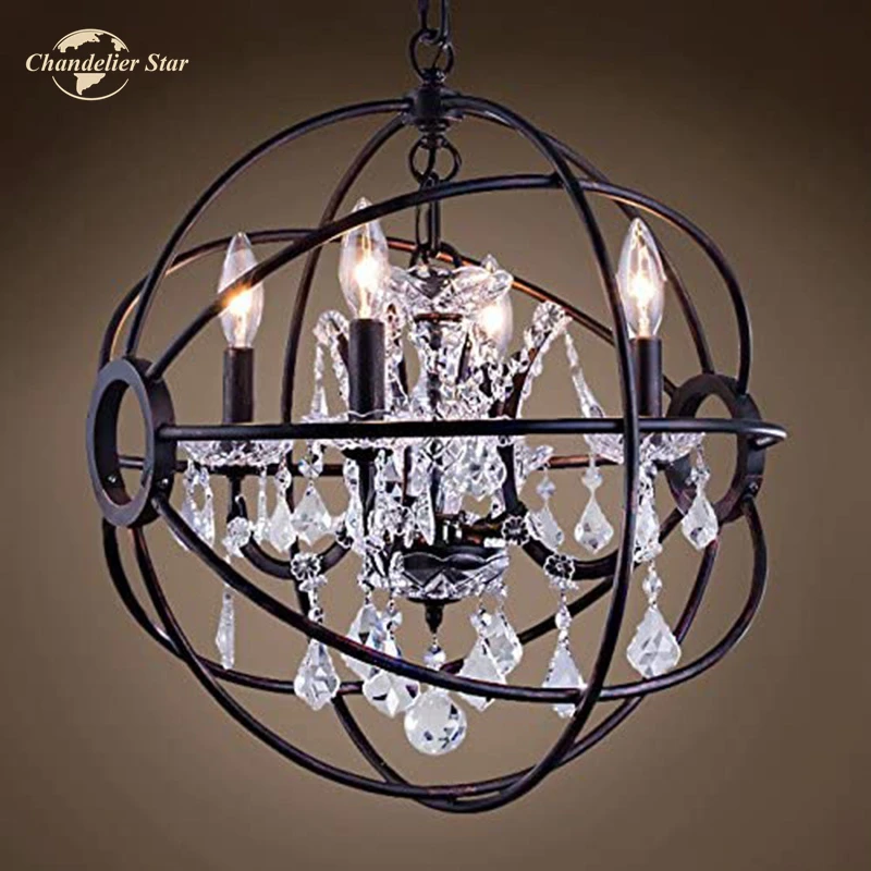 

Foucault's Orb LED Chandeliers Vintage Clear Crystal Black Metal Round Lamp Lustre Bedroom Living Room Modern Light Fixture