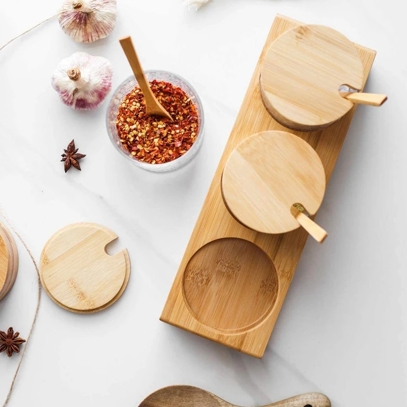 

3 Bottles/Set Bamboo Lid Condiment Pot Seasoning Bottle Glass Kitchen Supplies Spice Rack Salt and Pepper Jar Container