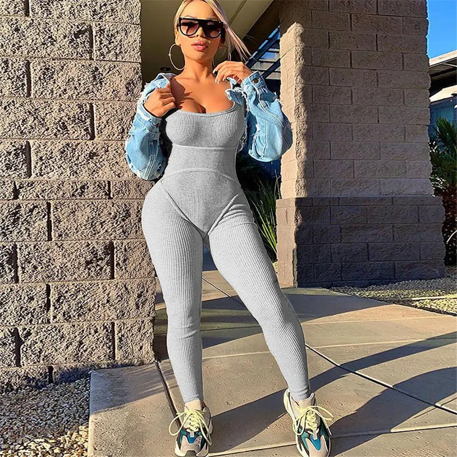 

Woman Sleeveless Spaghetti Strap Jumpsuit Bodycon Skinny Female Casual Bodysuit Rompers Jogging Clothes Solid Black and Grey