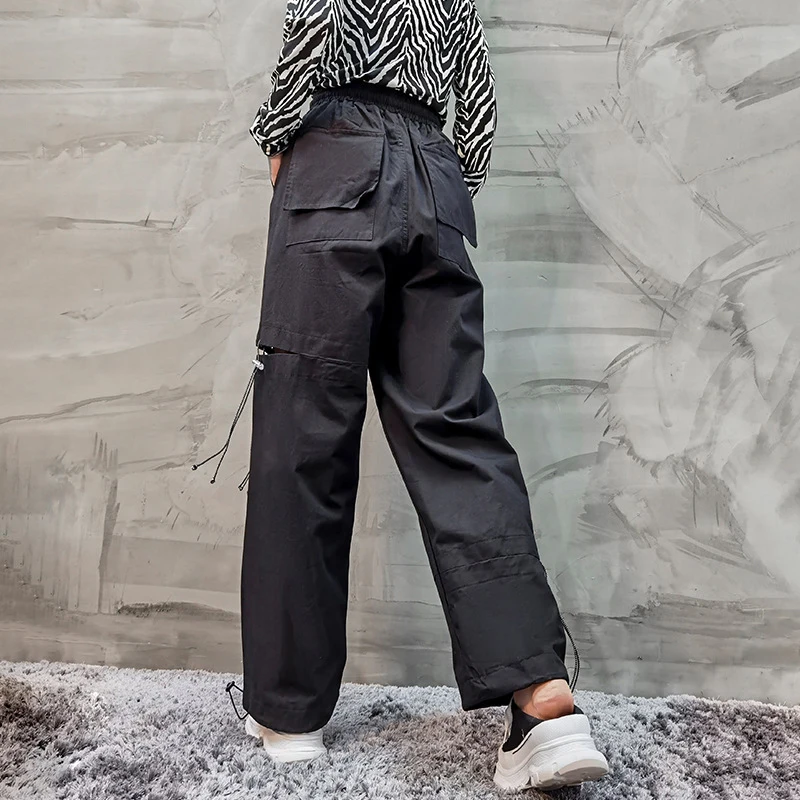 

[EAM] Drawstring Bandage Black Straight High Waist Trousers New Loose Fit Pants Women Fashion Tide Spring Autumn 2021 1DD4095