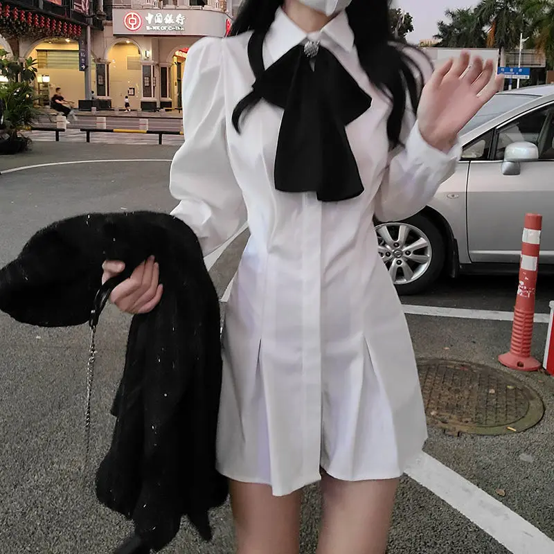

Bow Shirt Dress Women's Autumn New Slim Joker Short Skirt
