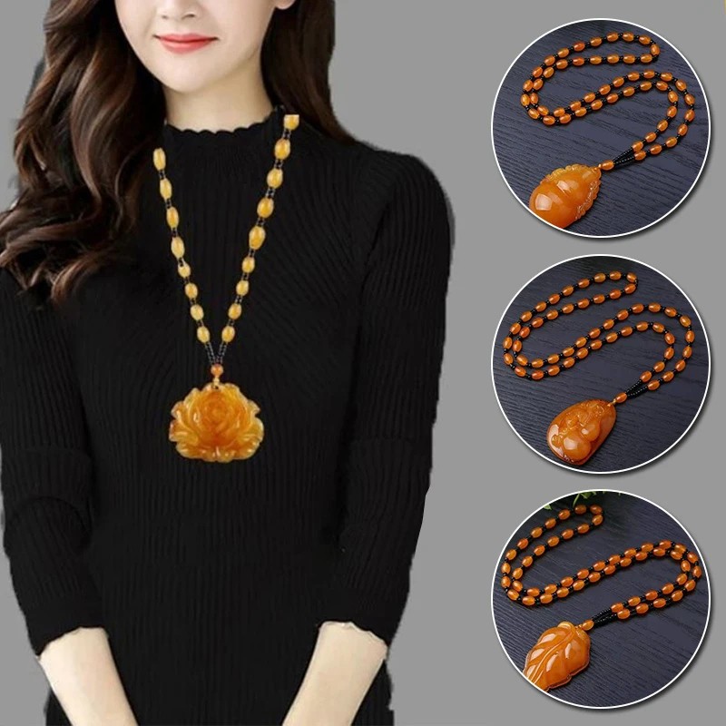 

Vintage Ethnic Beeswax Pendant Long Necklace Men Women Autumn Winter Trendy Amber Carved Beads Sweater Chain Lady Neck Decor New