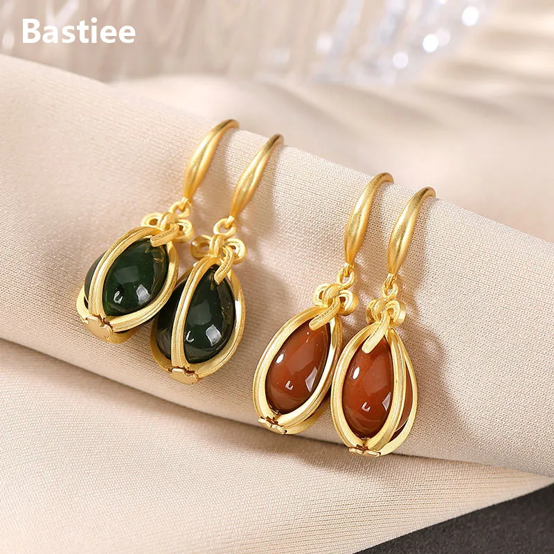 Bastiee Luxury Drop Earrings 925 Sterling Silver Jewelry For Women Earings Gold Plated Red Green Agate