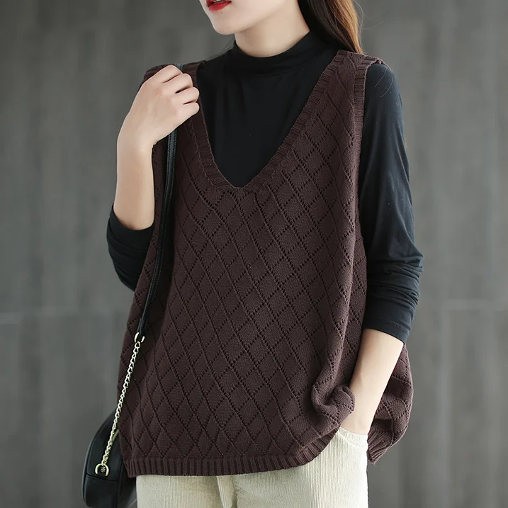 

100% Cotton Knitwear Vintage V-neck Cut-out Diamond Lattice Loose and Thin Waistcoat for Women